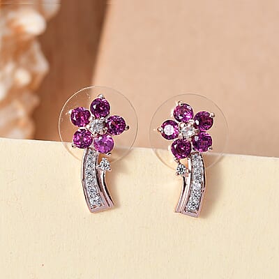 D'Joy AAA Radiant Ember Garnet and White Zircon 1.90 ctw Floral Earrings in 18K Vermeil Rose Gold Sterling Silver