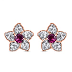 AAA Radiant Ember Garnet and White Zircon 1.70 ctw Floral Earrings in 18K Vermeil Rose Gold Sterling Silver