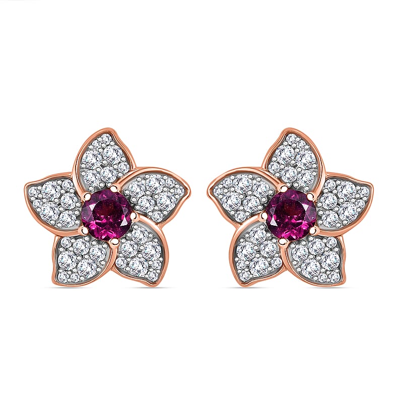 D'Joy AAA Radiant Ember Garnet and White Zircon 1.70 ctw Floral Earrings in 18K Vermeil Rose Gold Sterling Silver