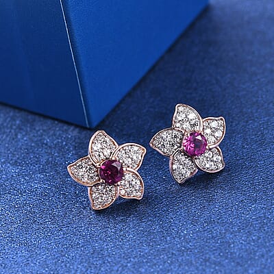D'Joy AAA Radiant Ember Garnet and White Zircon 1.70 ctw Floral Earrings in 18K Vermeil Rose Gold Sterling Silver