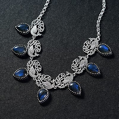 D'Joy Indian Artisan Crafted AAA Malagasy Labradorite 15.90 ctw Regal Splendor Necklace in Sterling Silver 18-20 Inches