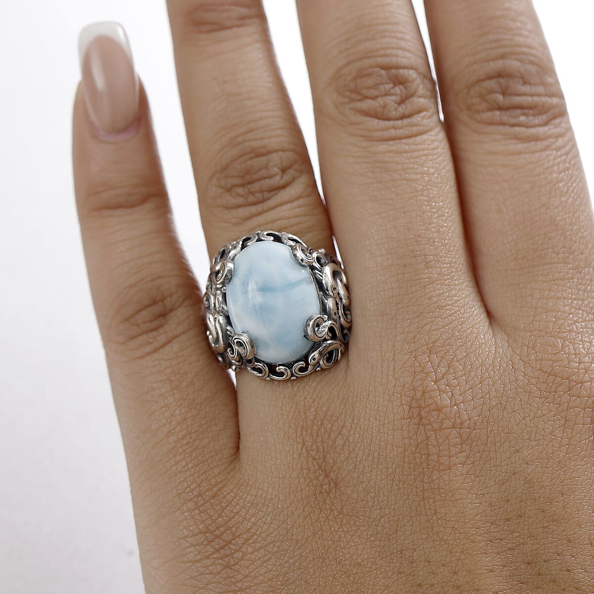 Indian Artisan Crafted Larimar 13.70 ctw Ocean Spirit Ring in Sterling Silver (Size 6.0) image number 2