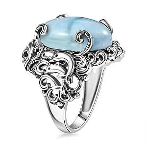 D'Joy Indian Artisan Crafted Larimar 13.70 ctw Ocean Spirit Ring in Sterling Silver (Size 6.0)