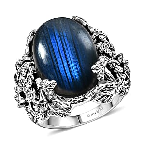 D'Joy Indian Artisan Crafted AAA Malagasy Labradorite 13.50 ctw Mystic Bloom Ring in Sterling Silver (Size 6.0)