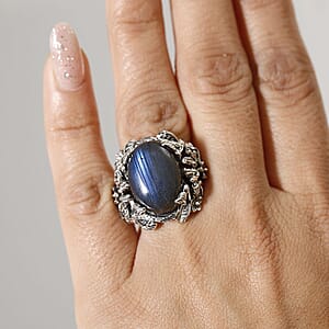 D'Joy Indian Artisan Crafted AAA Malagasy Labradorite 13.50 ctw Mystic Bloom Ring in Sterling Silver (Size 6.0)