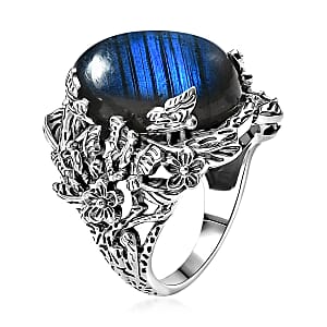 D'Joy Indian Artisan Crafted AAA Malagasy Labradorite 13.50 ctw Mystic Bloom Ring in Sterling Silver (Size 7.0)