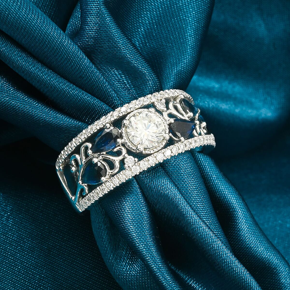 Modani 950 Platinum White Diamond, Blue Sapphire Ring (Size 8.5) (9.55 g) 1.76 ctw image number 1