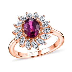 AAA Radiant Ember Garnet and Moissanite 2.40 ctw Floral Ring in 18K Vermeil Rose Gold Sterling Silver (Size 10.0)