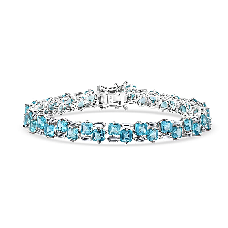 D'Joy Premium Betroka Blue Apatite and Moissanite 14.80 ctw Art Deco Bracelet in Rhodium Over Sterling Silver (7.25 In)