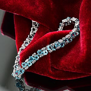 D'Joy Premium Betroka Blue Apatite and Moissanite 14.80 ctw Art Deco Bracelet in Rhodium Over Sterling Silver (7.25 In)