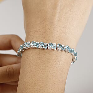 D'Joy Premium Betroka Blue Apatite and Moissanite 14.80 ctw Art Deco Bracelet in Rhodium Over Sterling Silver (7.25 In)