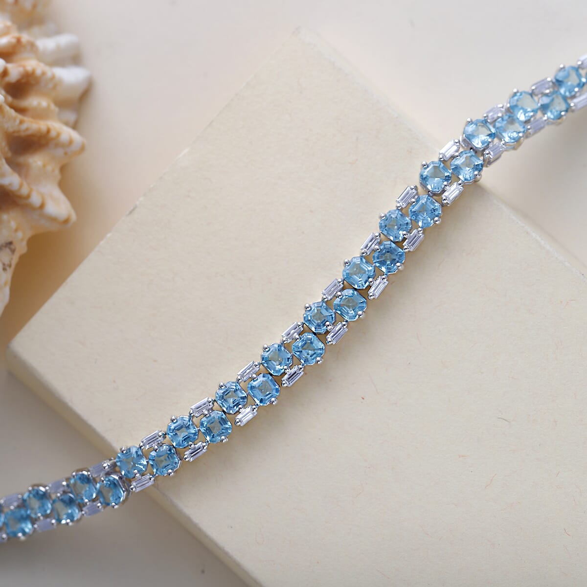 Premium Betroka Blue Apatite and Moissanite 13.40 ctw Art Deco Bracelet in Rhodium Over Sterling Silver (6.50 In) image number 1