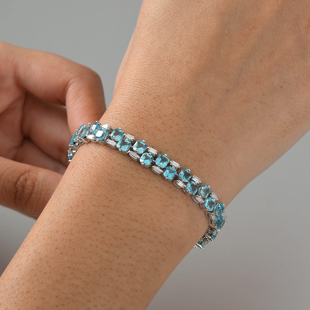 Premium Betroka Blue Apatite and Moissanite 13.40 ctw Art Deco Bracelet in Rhodium Over Sterling Silver (6.50 In) image number 2