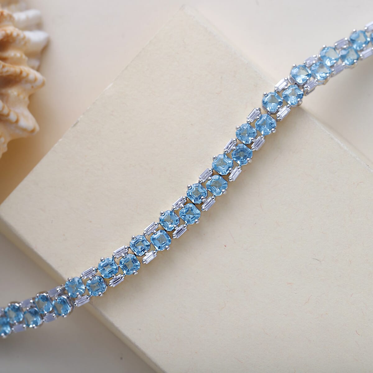 Premium Betroka Blue Apatite and Moissanite 17.00 ctw Art Deco Bracelet in Rhodium Over Sterling Silver (8.00 In) image number 1