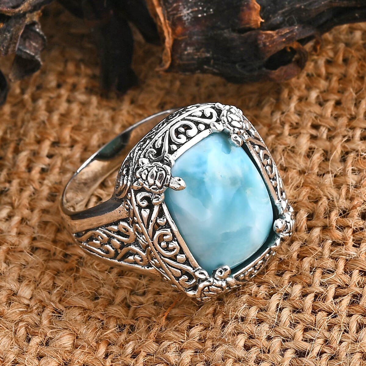 Bali Legacy Larimar 12.60 ctw Turtle Ring in Sterling Silver (Size 9.0) image number 1