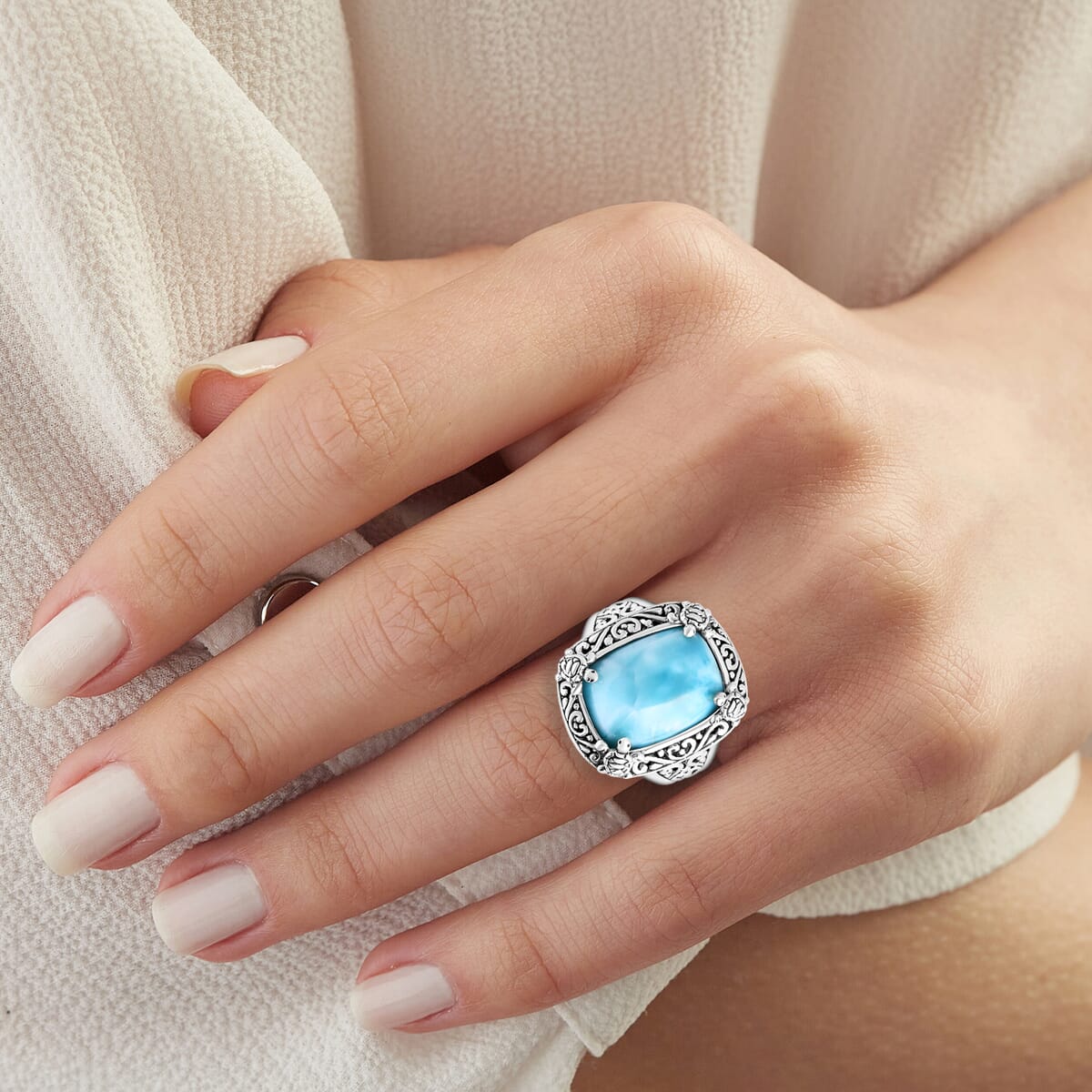 Bali Legacy Larimar 12.60 ctw Turtle Ring in Sterling Silver (Size 9.0) image number 2
