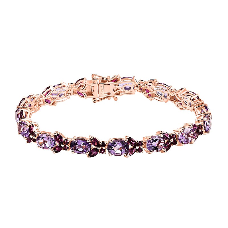 D'Joy AAA Rose De France Amethyst and Orissa Rhodolite Garnet 21.65 ctw Butterfly Bracelet in 18K Vermeil Rose Gold Over Sterling Silver (7.25 In)