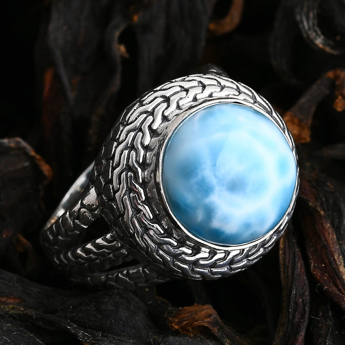 Bali Legacy Larimar 7.70 ctw Pebble with Tulang Naga Ring in Sterling Silver (Size 8.0) image number 1