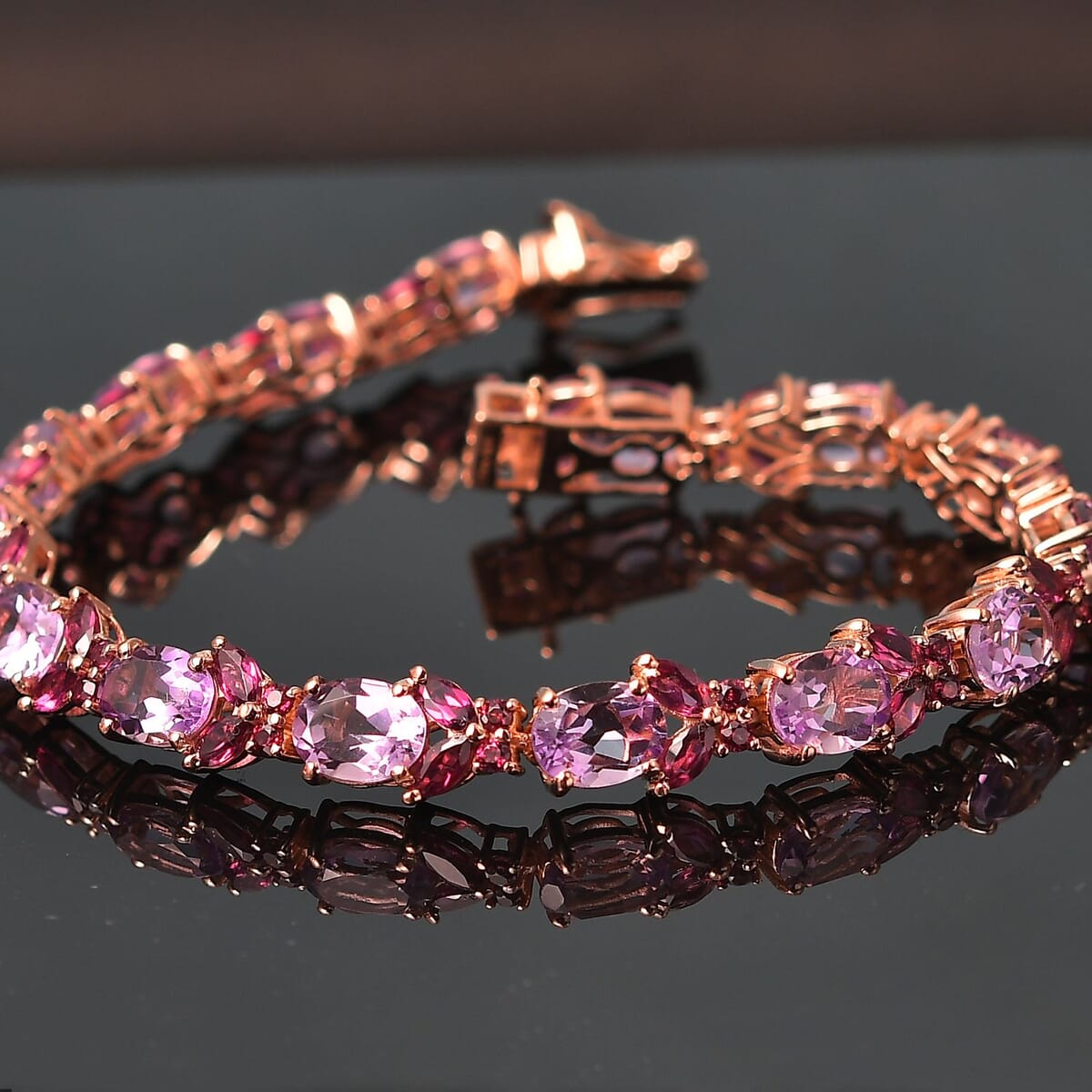 AAA Rose De France Amethyst and Orissa Rhodolite Garnet 24.40 ctw Butterfly Bracelet in 18K Vermeil Rose Gold Over Sterling Silver (8.00 In) image number 1