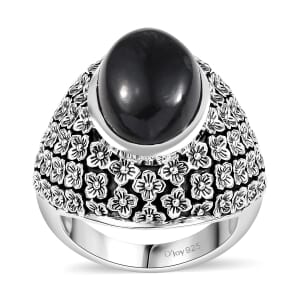 Indian Artisan Crafted California Black Jade 8.00 ctw Midnight Blossom Ring in Sterling Silver (Size 10.0)