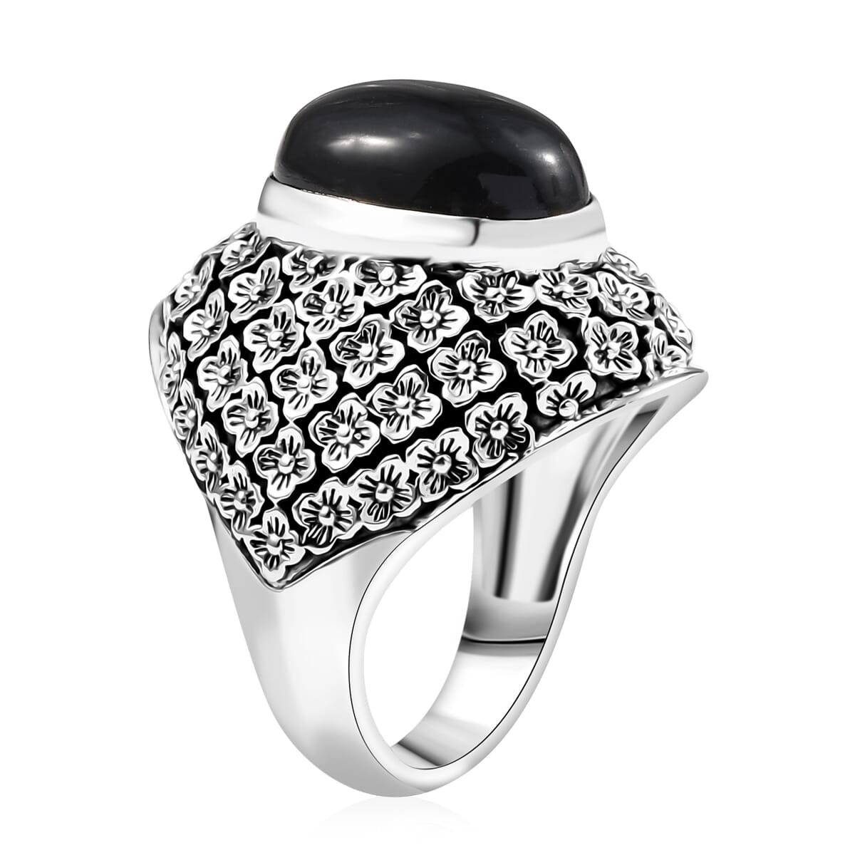 Indian Artisan Crafted California Black Jade 8.00 ctw Midnight Blossom Ring in Sterling Silver (Size 6.0) image number 3
