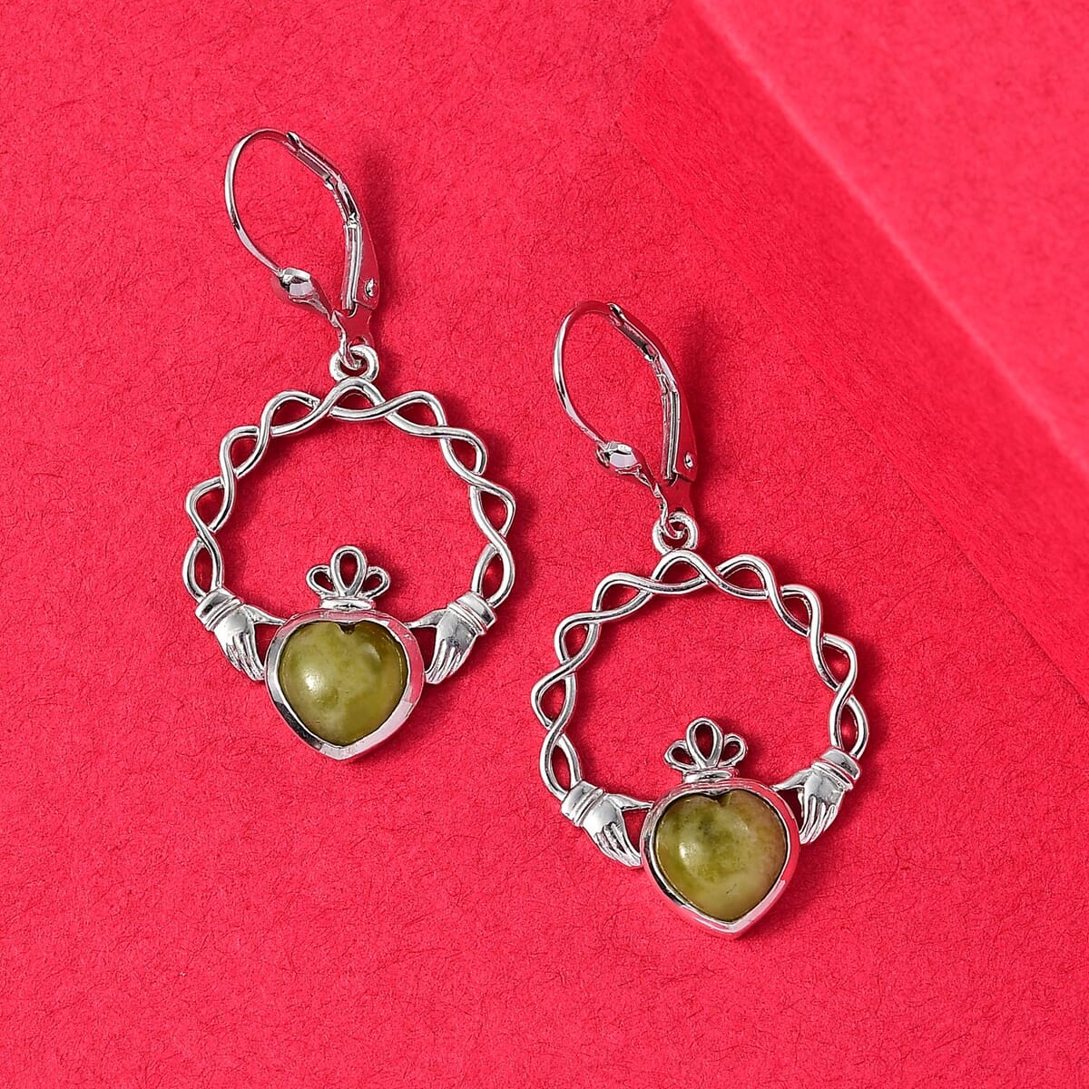 Connemara Marble 4.40 ctw Claddagh Earrings in Rhodium Over Sterling Silver image number 1