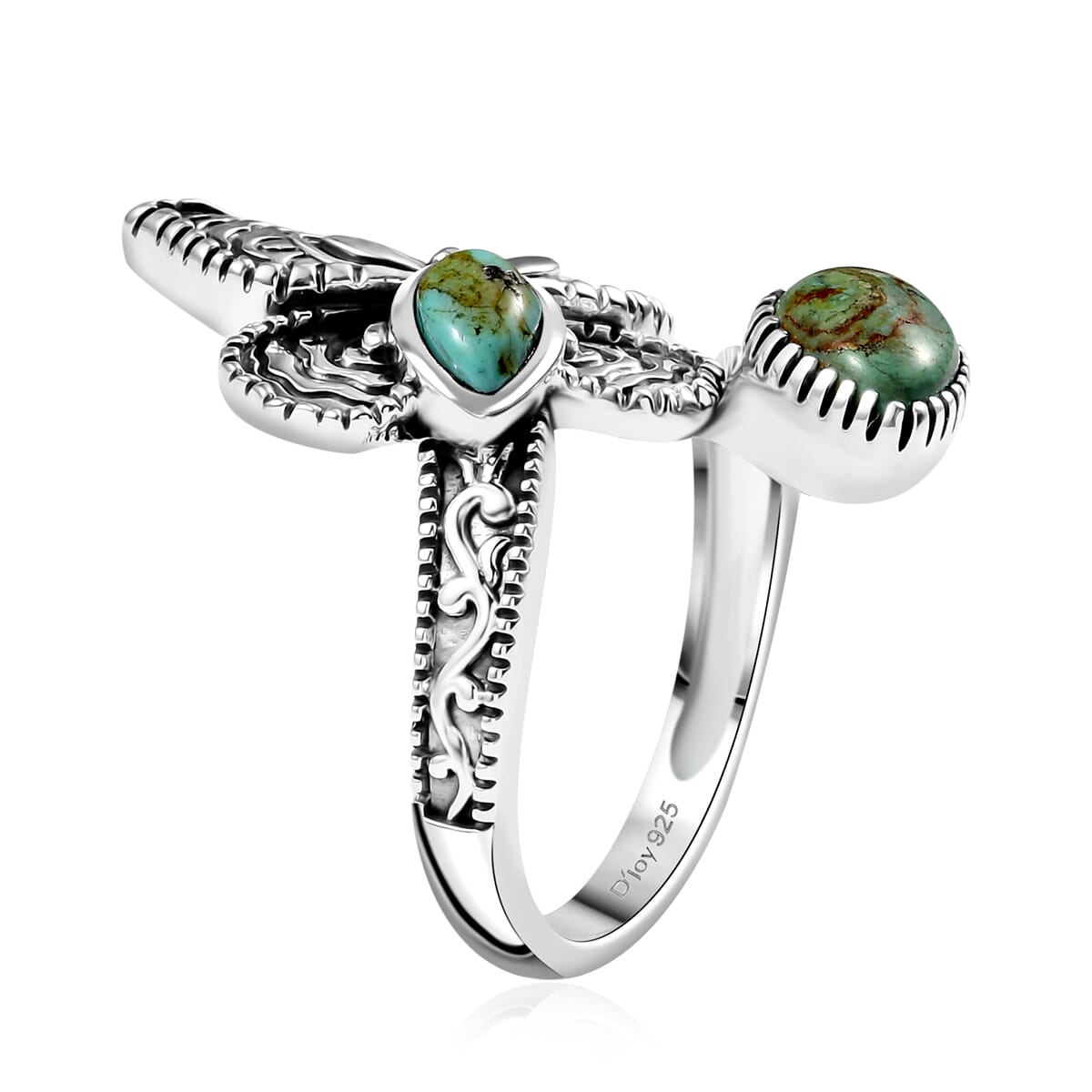 Indian Artisan Crafted Royston Turquoise 1.50 ctw Forest Whisper Ring in Sterling Silver (Size 9.0) image number 3