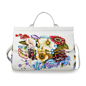 Sukriti White Genuine Leather Hand Painted Satchel Bag with Detachable shoulder Strap