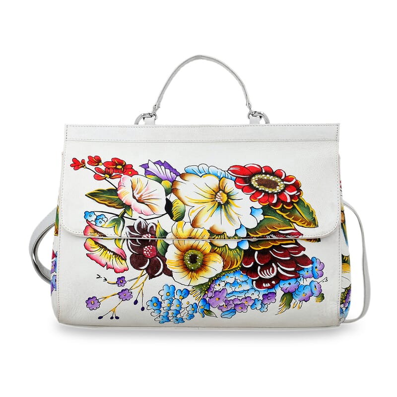 Sukriti White Genuine Leather Hand Painted Satchel Bag with Detachable shoulder Strap