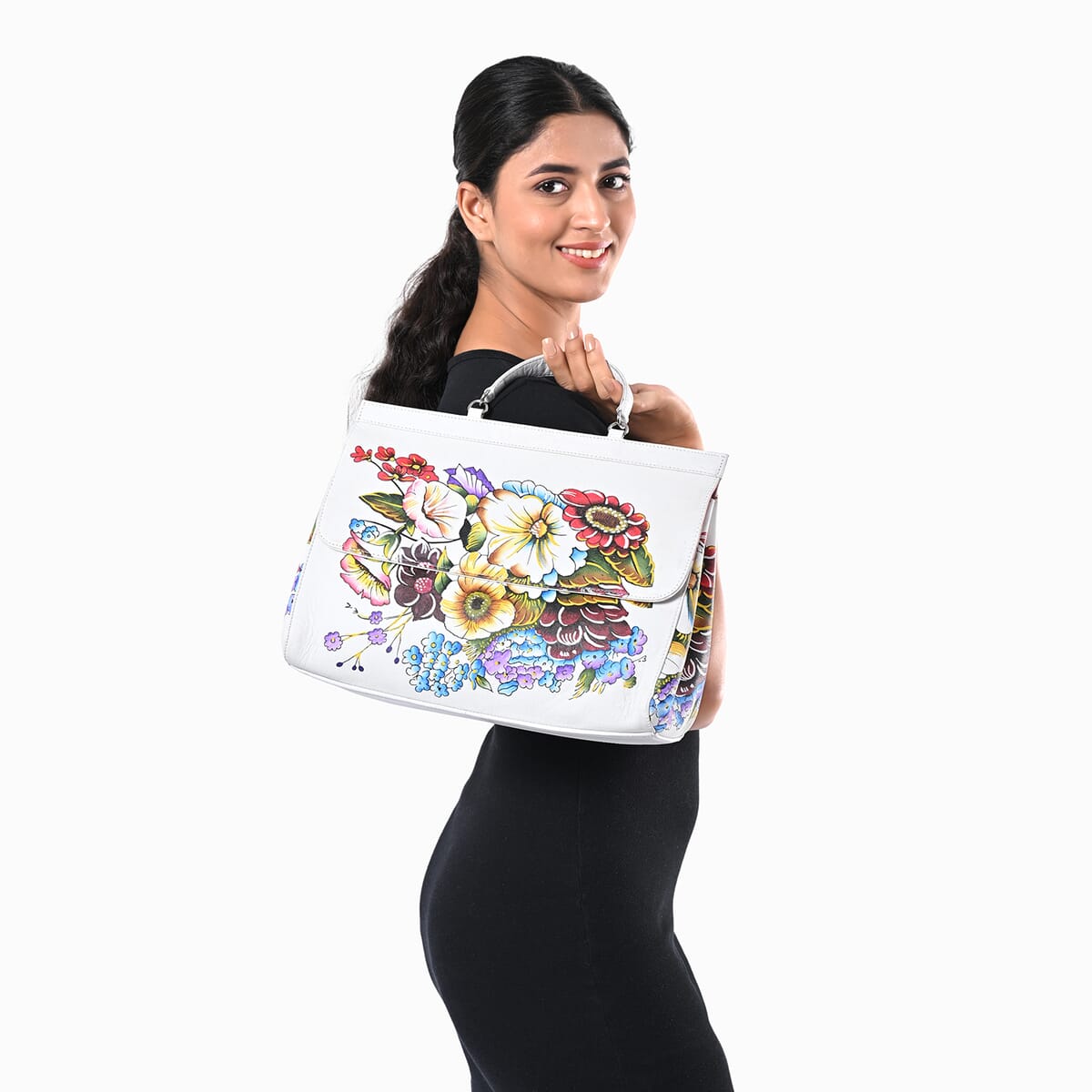 Sukriti White Genuine Leather Hand Painted Satchel Bag with Detachable shoulder Strap image number 2