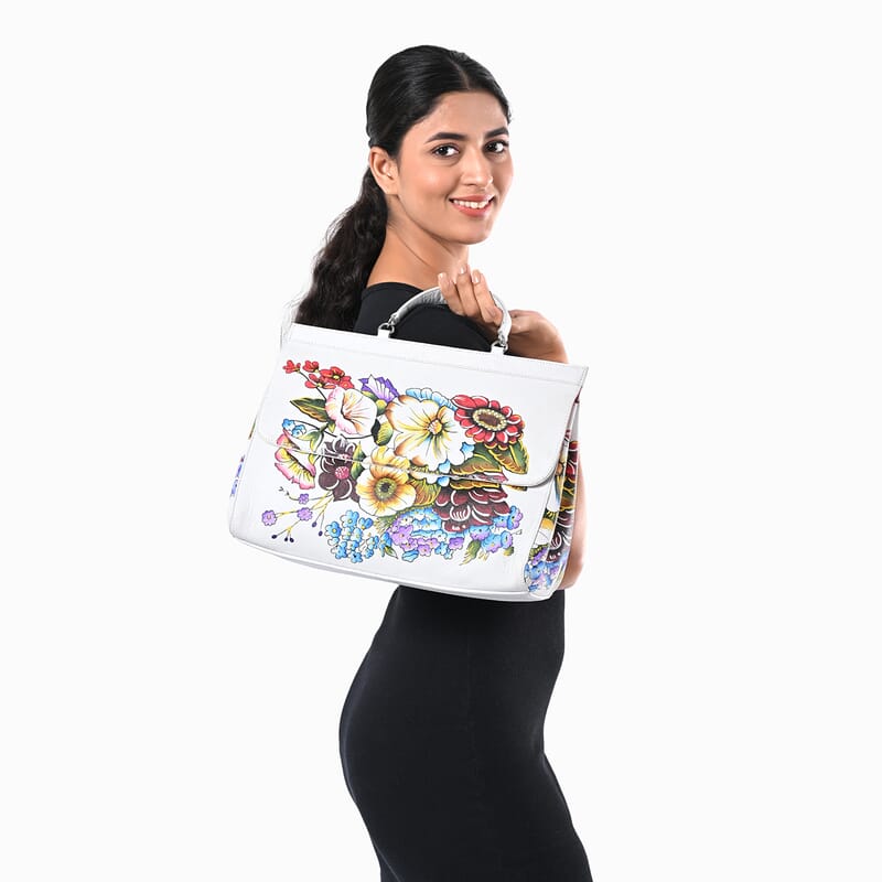 Sukriti White Genuine Leather Hand Painted Satchel Bag with Detachable shoulder Strap