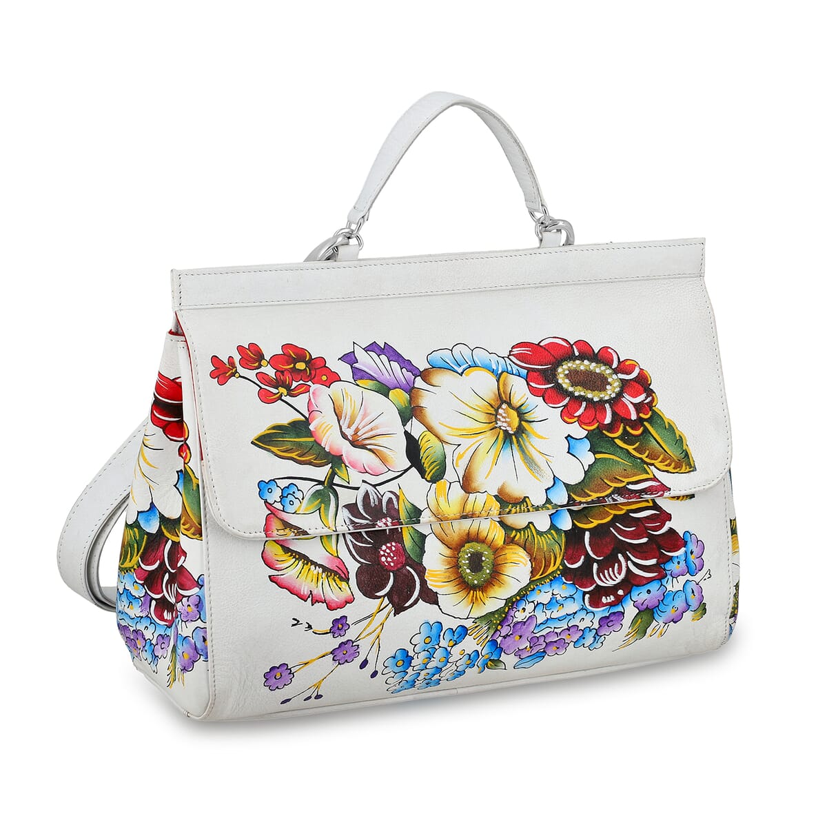 Sukriti White Genuine Leather Hand Painted Satchel Bag with Detachable shoulder Strap image number 7
