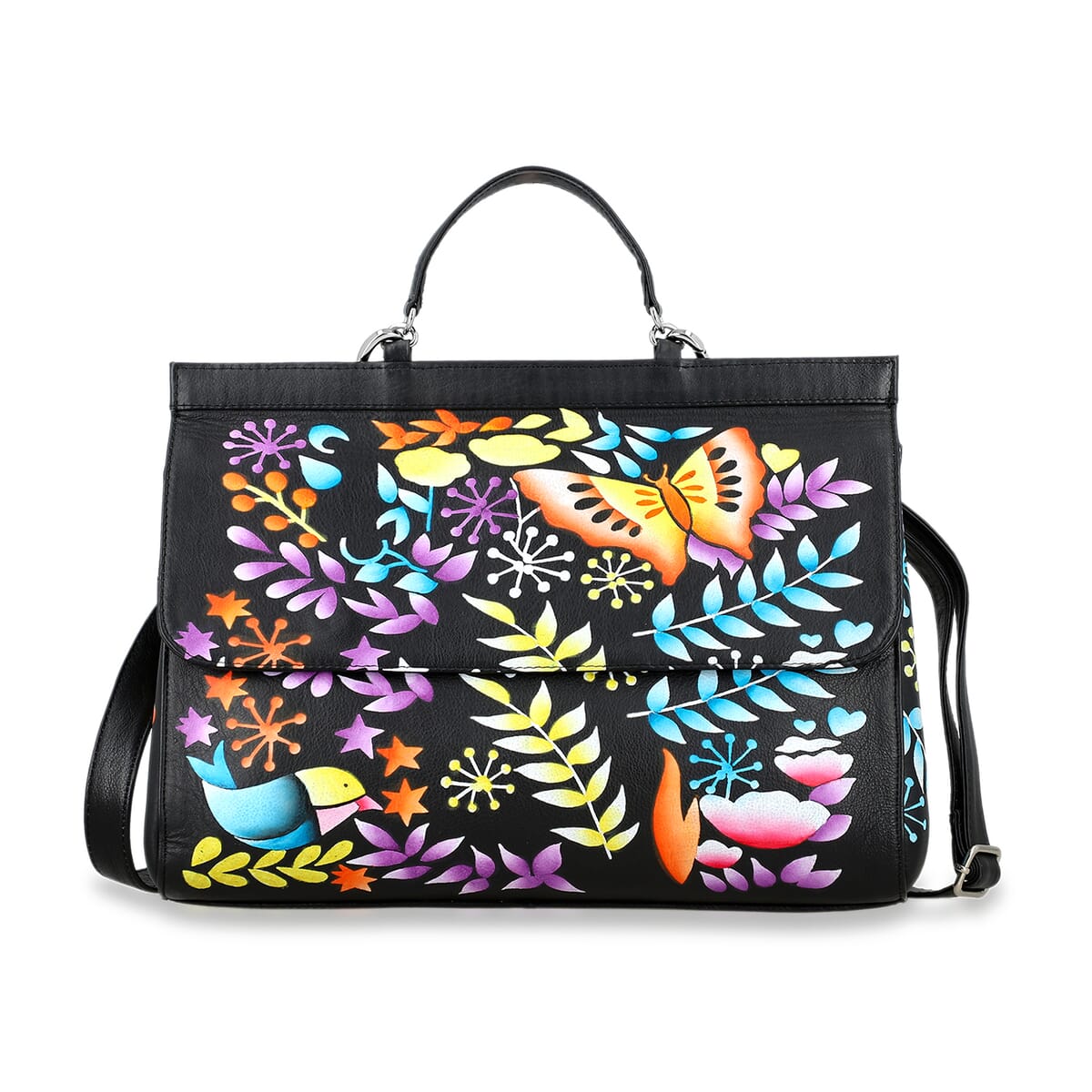 Sukriti Black Genuine Leather Hand Painted Satchel Bag with Detachable shoulder Strap image number 0