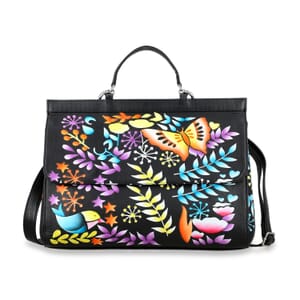 Sukriti Black Genuine Leather Hand Painted Satchel Bag with Detachable shoulder Strap