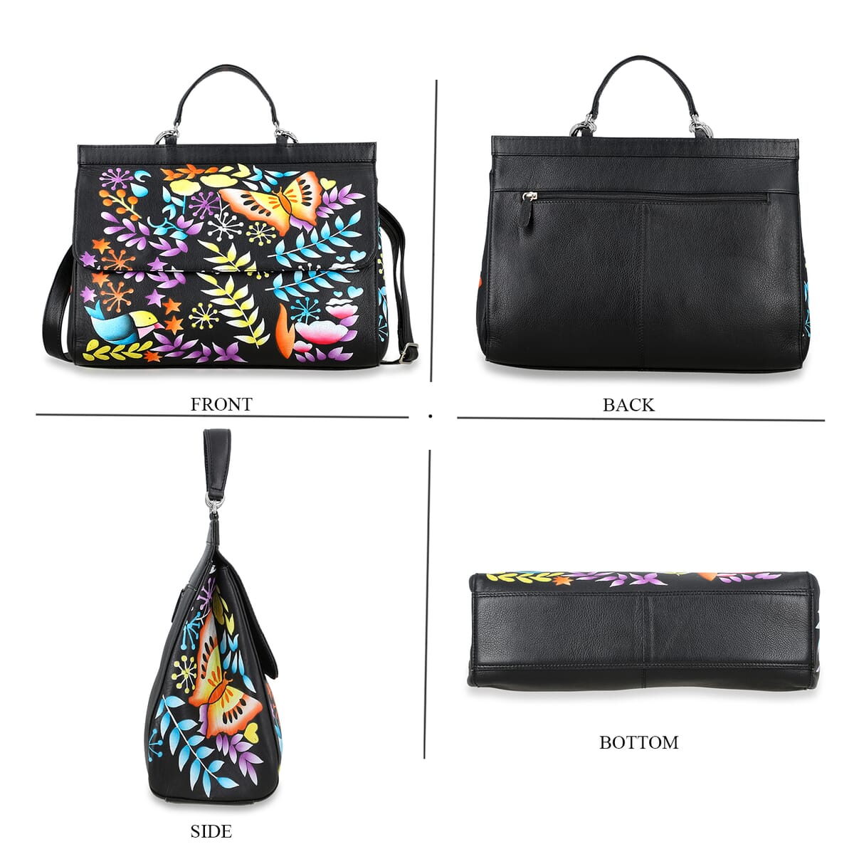 Sukriti Black Genuine Leather Hand Painted Satchel Bag with Detachable shoulder Strap image number 4
