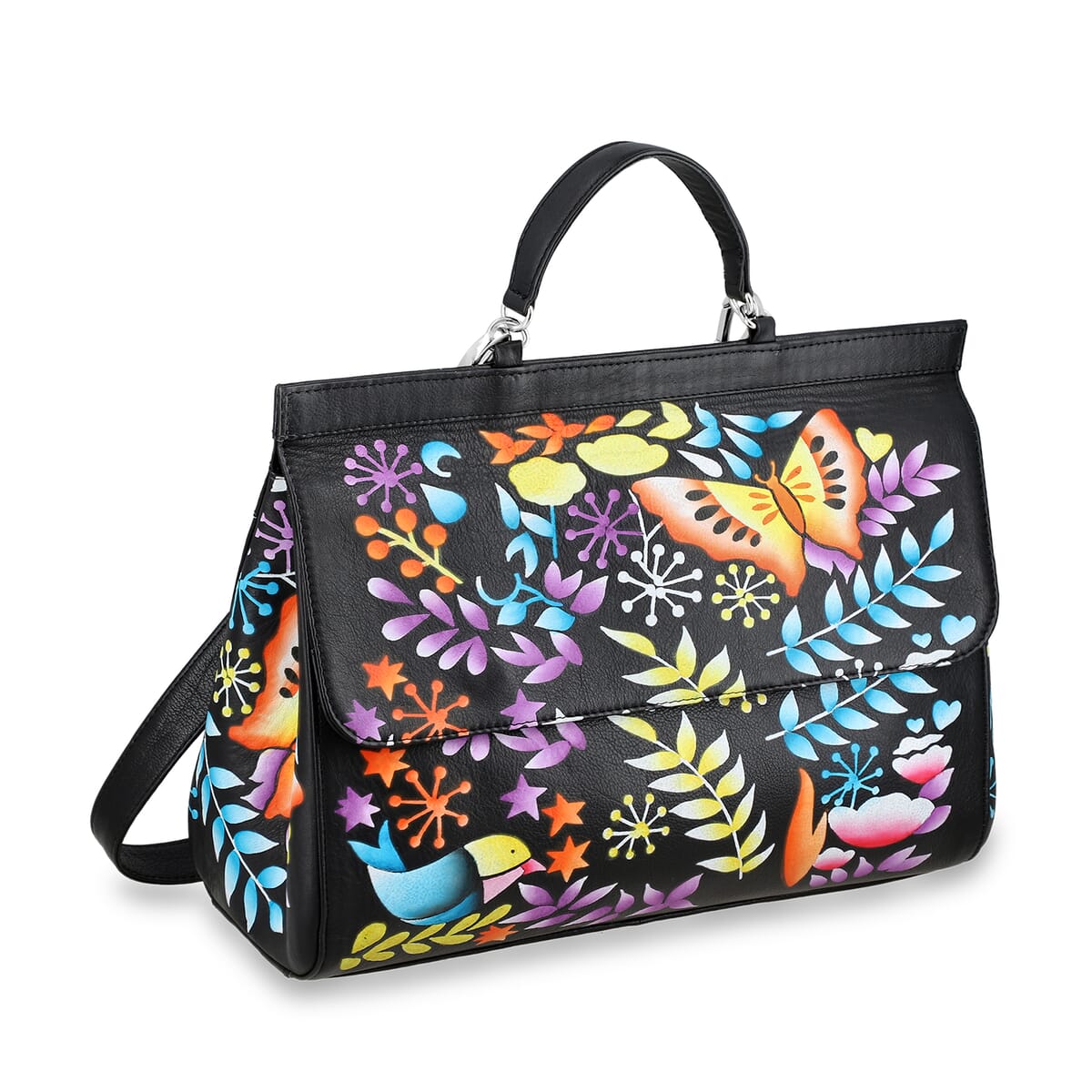 Sukriti Black Genuine Leather Hand Painted Satchel Bag with Detachable shoulder Strap image number 7