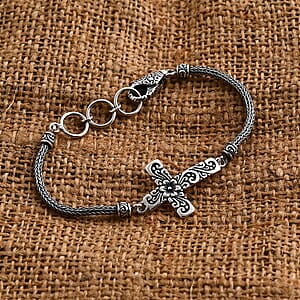 Bali Legacy Flower Cross Bracelet in Sterling Silver (8.00 In) 10.90 Grams