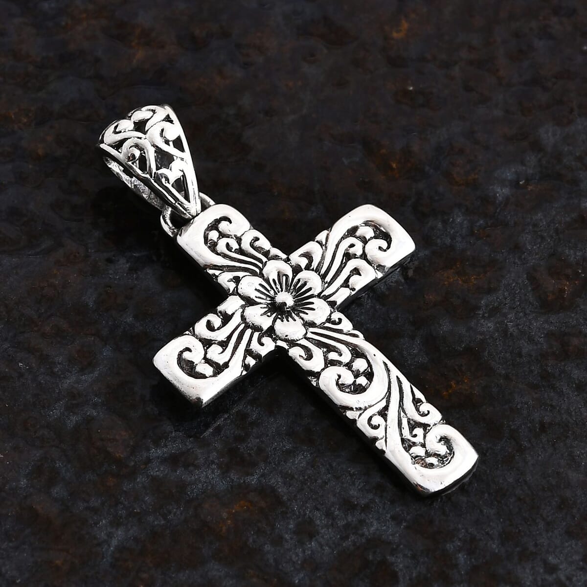 Bali Legacy Flower Cross Pendant in Sterling Silver 3.35 Grams image number 1