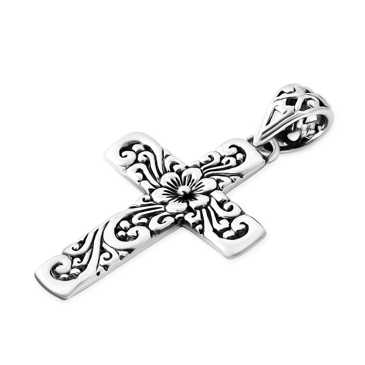 Bali Legacy Flower Cross Pendant in Sterling Silver 3.35 Grams image number 3