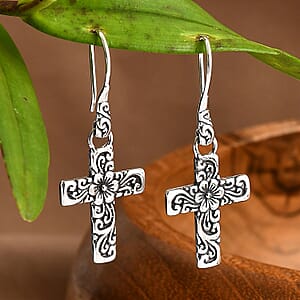 Bali Legacy Flower Cross Earrings in Sterling Silver 6 Grams
