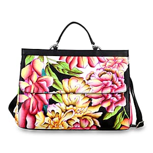 Sukriti Black Genuine Leather Hand Painted Satchel Bag with Detachable shoulder Strap