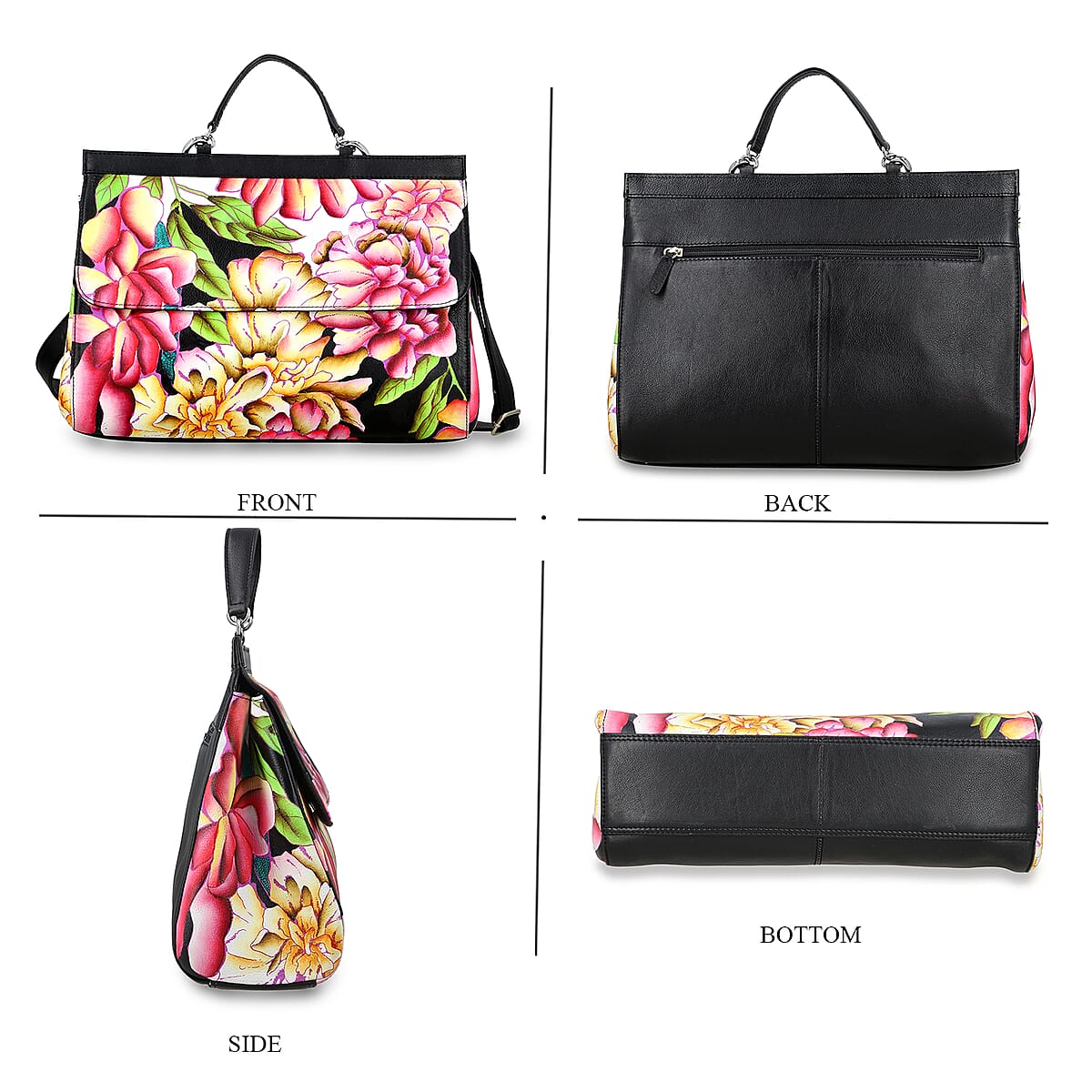 Sukriti Black Genuine Leather Hand Painted Satchel Bag with Detachable shoulder Strap image number 4