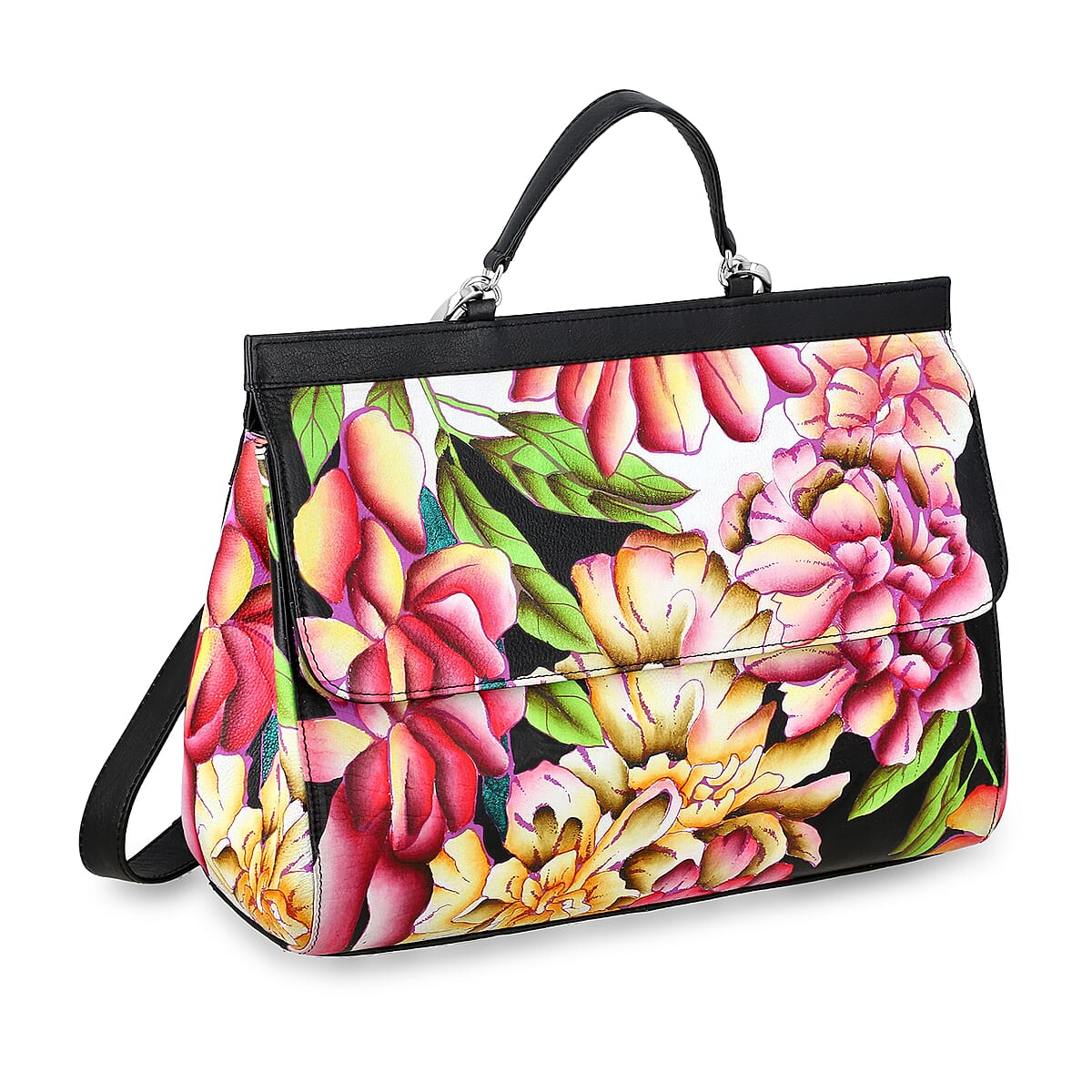 Sukriti Black Genuine Leather Hand Painted Satchel Bag with Detachable shoulder Strap image number 7