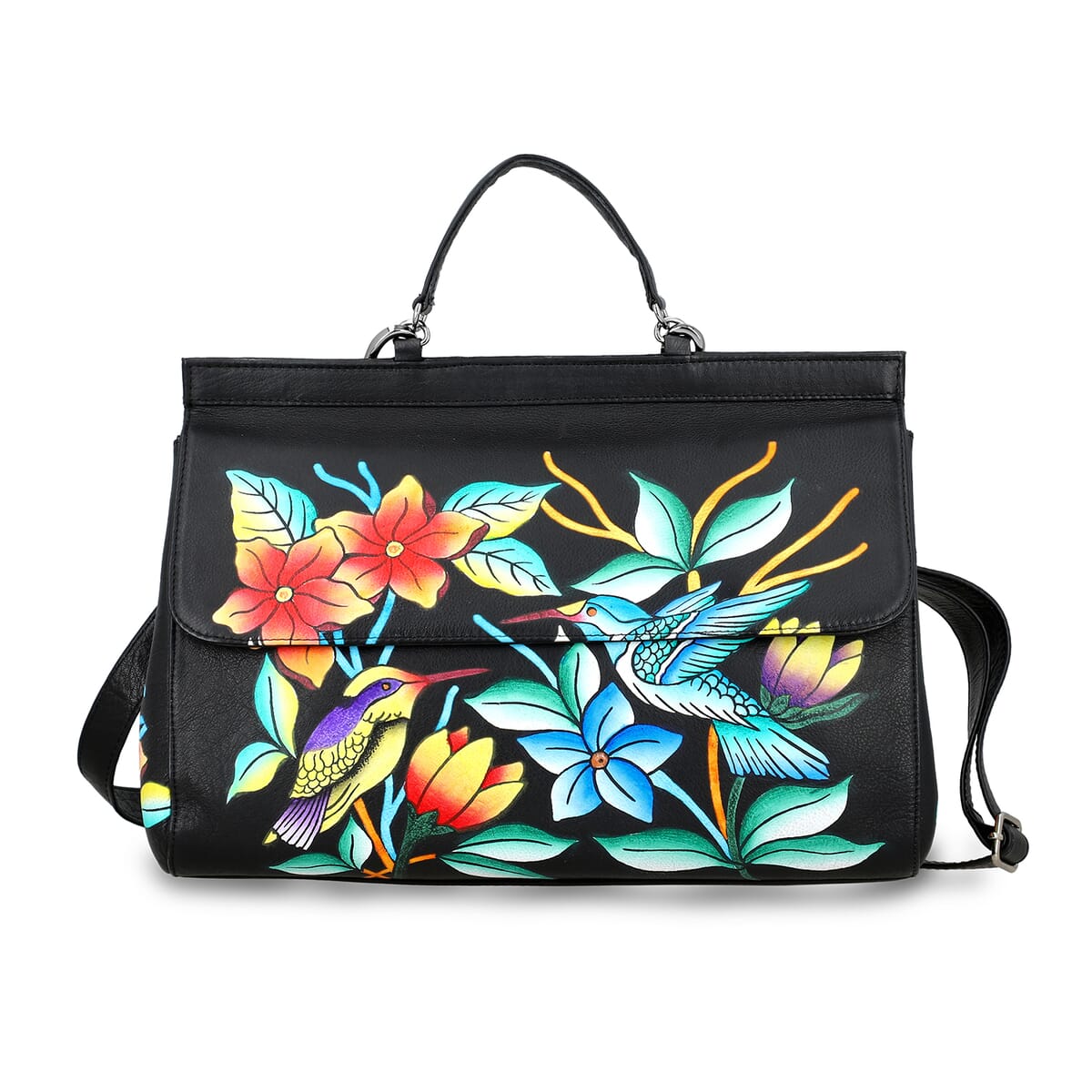 Sukriti Black Genuine Leather Hand Painted Satchel Bag with Detachable shoulder Strap image number 0