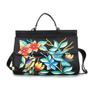 Sukriti Black Genuine Leather Hand Painted Satchel Bag with Detachable shoulder Strap
