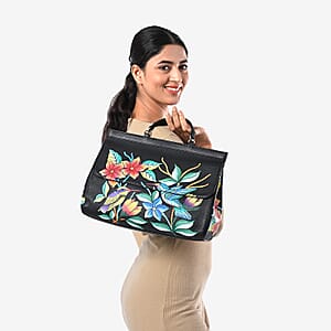Sukriti Black Genuine Leather Hand Painted Satchel Bag with Detachable shoulder Strap