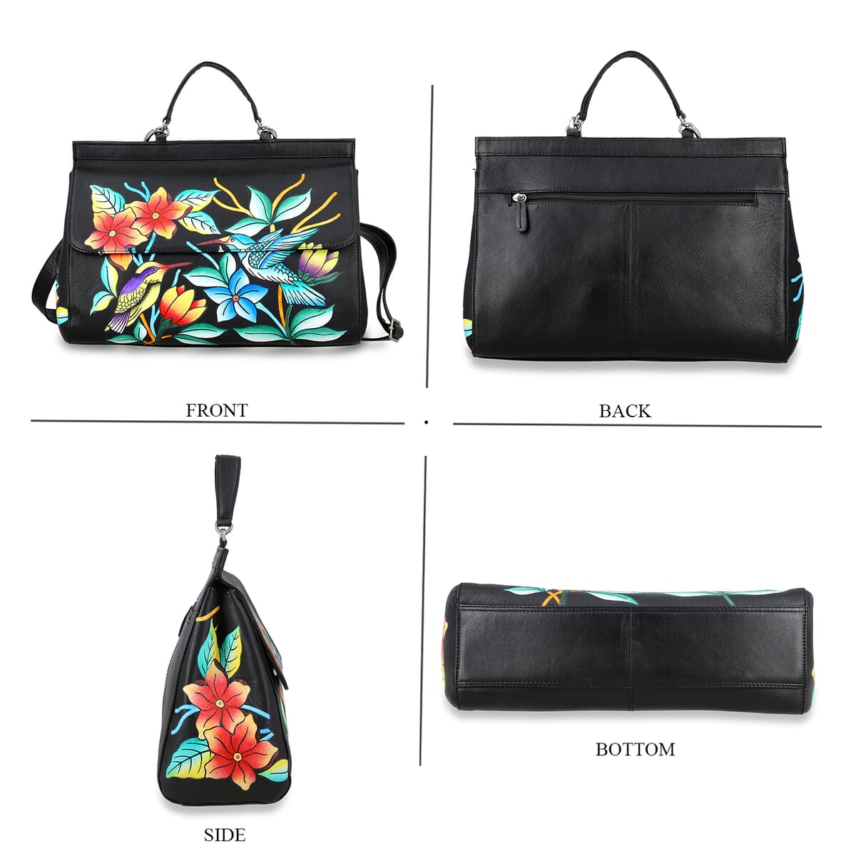 Sukriti Black Genuine Leather Hand Painted Satchel Bag with Detachable shoulder Strap image number 4