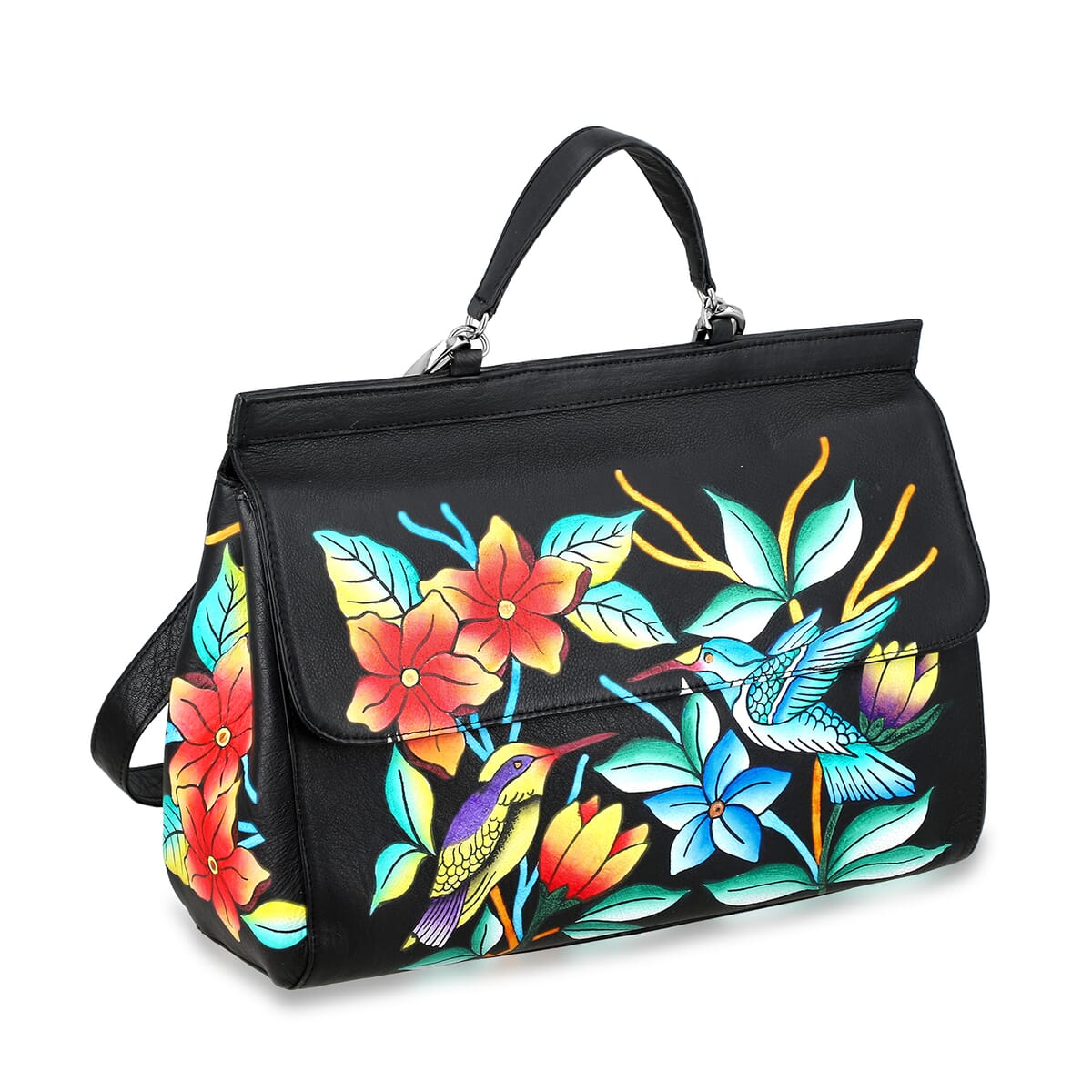 Sukriti Black Genuine Leather Hand Painted Satchel Bag with Detachable shoulder Strap image number 7