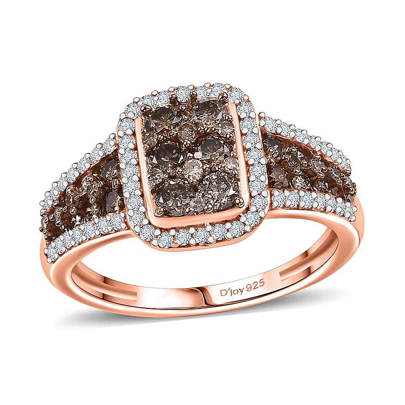 D'Joy Natural Champagne and White Diamond 1.00 ctw Art Deco Ring in 18K Vermeil Rose Gold Sterling Silver (Size 10.0)