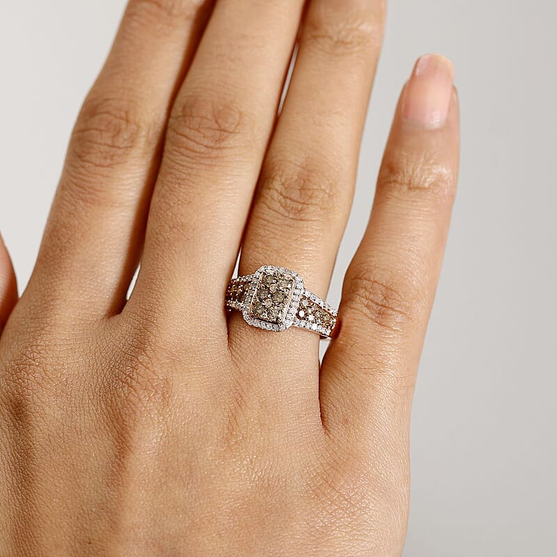 D'Joy Natural Champagne and White Diamond 1.00 ctw Art Deco Ring in 18K Vermeil Rose Gold Sterling Silver (Size 10.0)